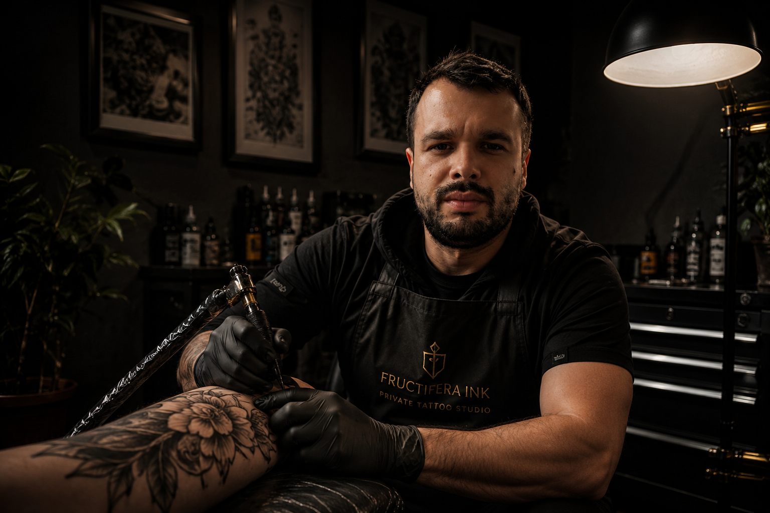 Fructifera Ink — the artist tattooing a client in the private studio in Bucharest