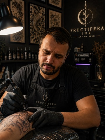 Fructifera Ink artist at work, machine in hand