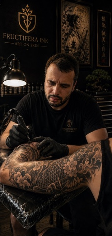 Fructifera Ink artist tattooing a client — Japanese sleeve in progress