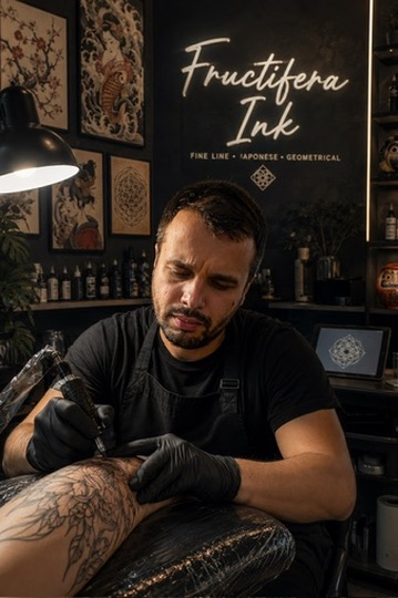 Fructifera Ink private tattoo studio with the house neon signage