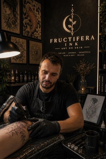 Tattooing process at Fructifera Ink private tattoo studio