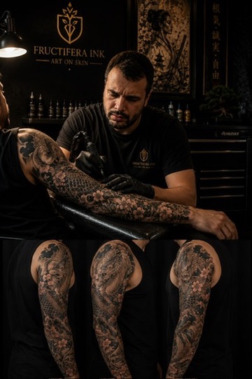 Black and grey sleeve tattoo in progress at Fructifera Ink