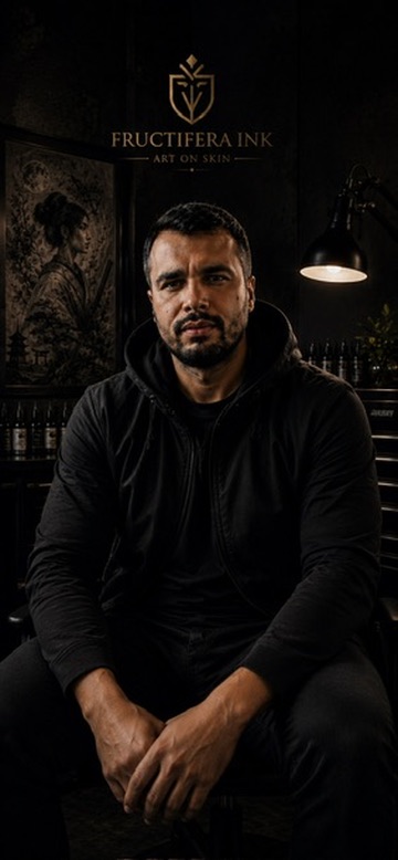 Private tattoo studio experience in Bucharest — the artist in his studio